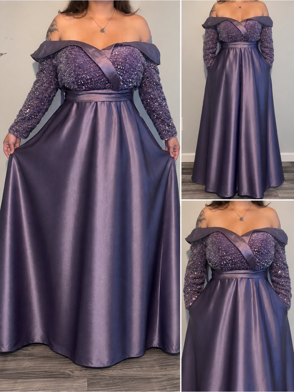 Off-Shoulder Long Sleeve Beaded Satin Gown - Purple